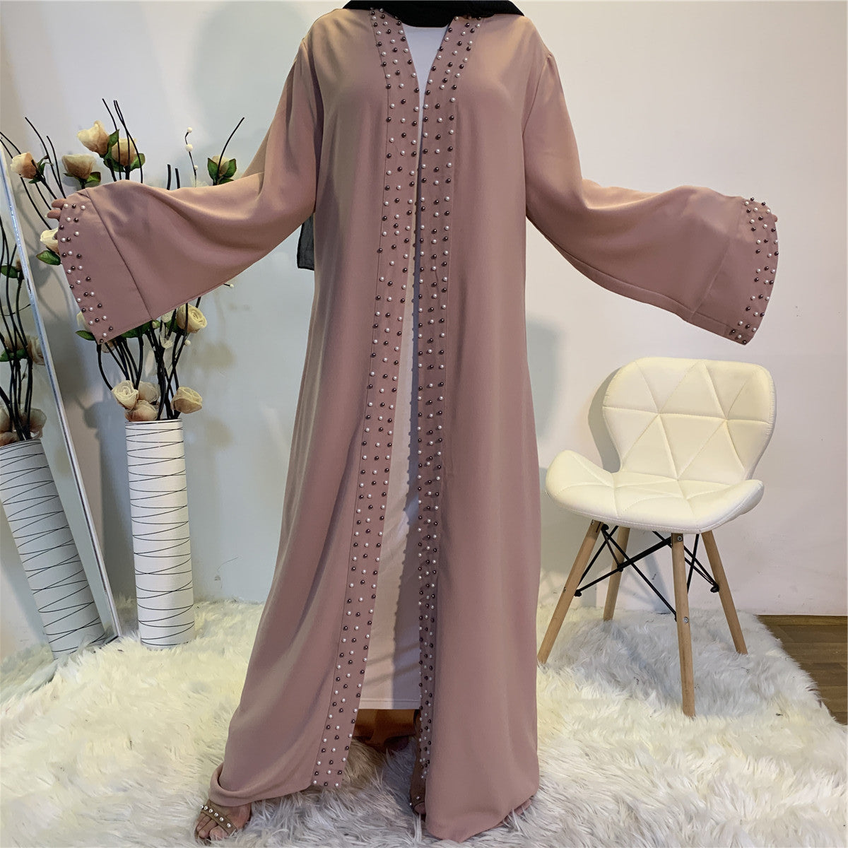 Modest Fashion Women Islamic Clothing Robe Dress Long Elegant Open Front Kimono Muslim Dress Pearls Cardigans Abaya