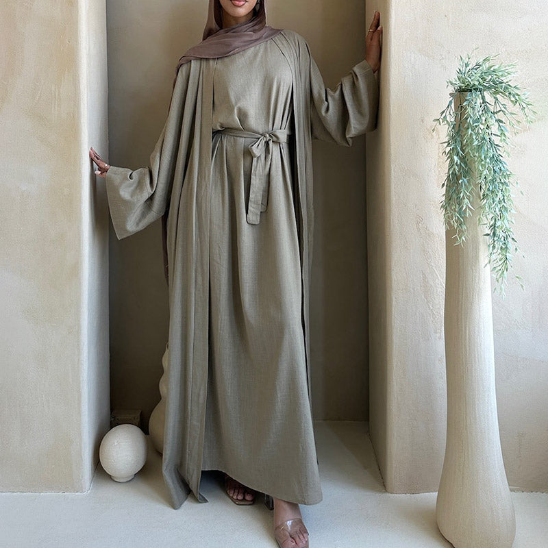Custom Natural Linen Abaya Set Full Length Solid Color Breathable Abaya Women Muslim Dress Luxury Linen Abaya Set