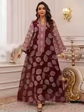 Red Embroidered Abaya with Gold Details for Muslim Women"
