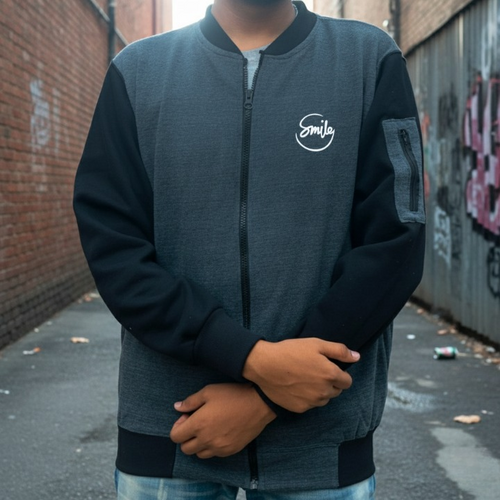 “Men’s Charcoal Grey Winter Zipper Jacket – ‘Smile’ Print, Premium French Fleece, Warm & Trendy Winter Wear (M, L, XL)”