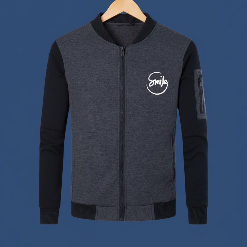 “Men’s Charcoal Grey Winter Zipper Jacket – ‘Smile’ Print, Premium French Fleece, Warm & Trendy Winter Wear (M, L, XL)”