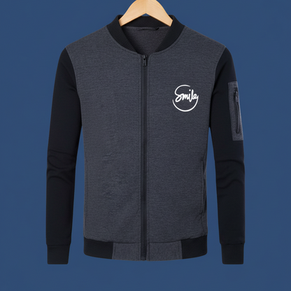 “Men’s Charcoal Grey Winter Zipper Jacket – ‘Smile’ Print, Premium French Fleece, Warm & Trendy Winter Wear (M, L, XL)”