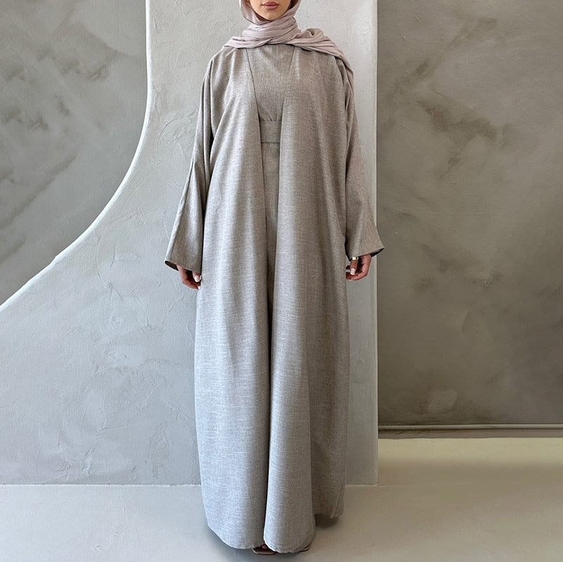 Custom Natural Linen Abaya Set Full Length Solid Color Breathable Abaya Women Muslim Dress Luxury Linen Abaya Set