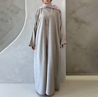 Custom Natural Linen Abaya Set Full Length Solid Color Breathable Abaya Women Muslim Dress Luxury Linen Abaya Set