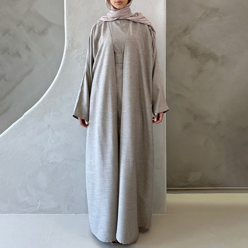 Custom Natural Linen Abaya Set Full Length Solid Color Breathable Abaya Women Muslim Dress Luxury Linen Abaya Set