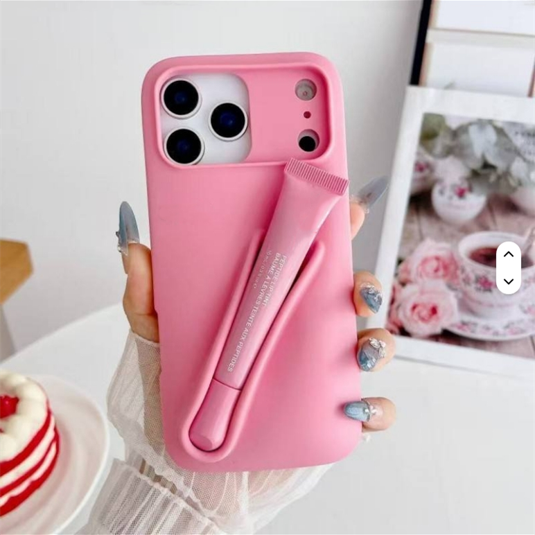 "Rhodees 3D Lip Gloss Silicone Phone Case with Logo for iPhone 11–17 Pro Max – Lipgloss Balm & Lipstick Holder Cover Set"