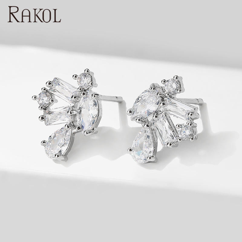 "Rakol EP2567 925 Sterling Silver Flower CZ Zircon Stud Earrings – Elegant Bridal Designer Jewelry for Women"
