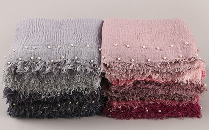 Fashion Pleated Shawl Hijab Scarf Cotton Muslim Women Pearl Crinkle Hijab