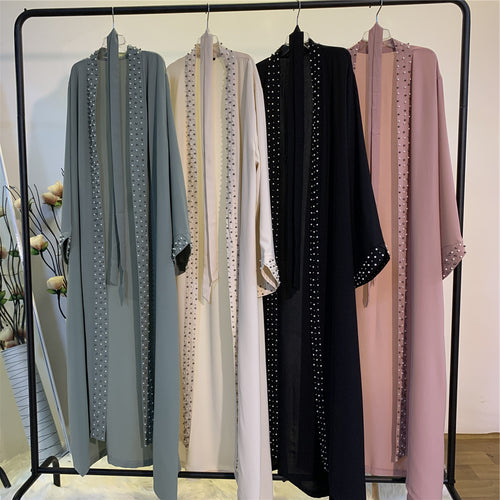 Modest Fashion Women Islamic Clothing Robe Dress Long Elegant Open Front Kimono Muslim Dress Pearls Cardigans Abaya