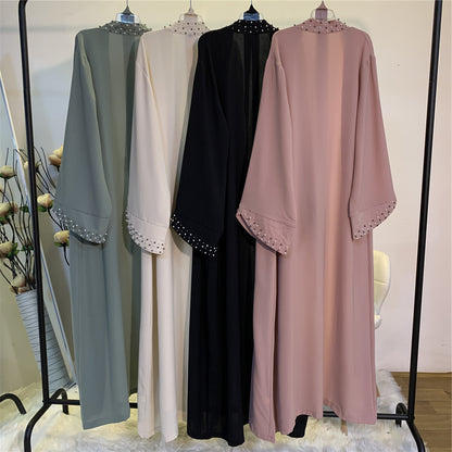 Modest Fashion Women Islamic Clothing Robe Dress Long Elegant Open Front Kimono Muslim Dress Pearls Cardigans Abaya