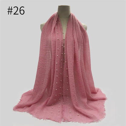 Fashion Pleated Shawl Hijab Scarf Cotton Muslim Women Pearl Crinkle Hijab