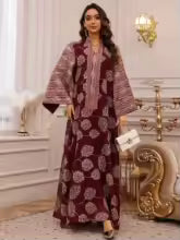 Red Embroidered Abaya with Gold Details for Muslim Women"