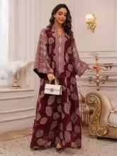 Red Embroidered Abaya with Gold Details for Muslim Women"