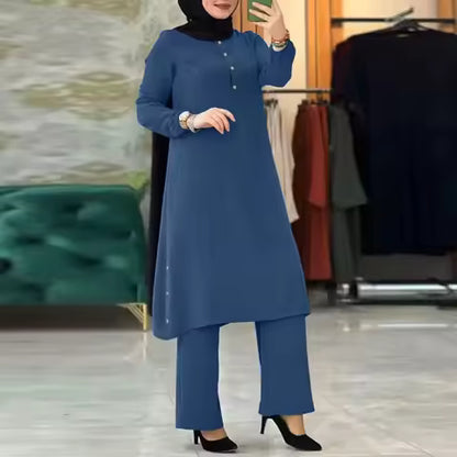 Elegant Women's Matching Set – Long Shirt Top & Wide Leg Pants Outfit