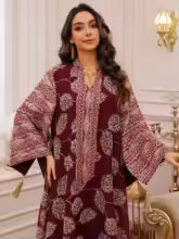 Red Embroidered Abaya with Gold Details for Muslim Women"