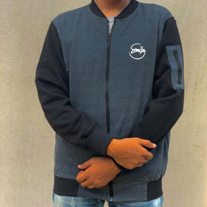 “Men’s Charcoal Grey Winter Zipper Jacket – ‘Smile’ Print, Premium French Fleece, Warm & Trendy Winter Wear (M, L, XL)”