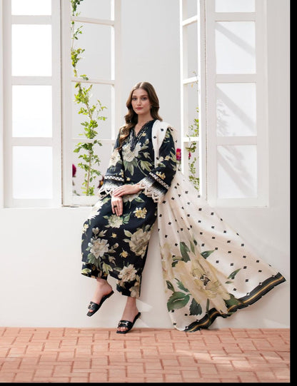 Threads Elegant Unstitched 3pc Printed Shalwar Kameez Set Swiss Lawn Fabric with Silk/Monar/Organza/Tarkashi Dupatta