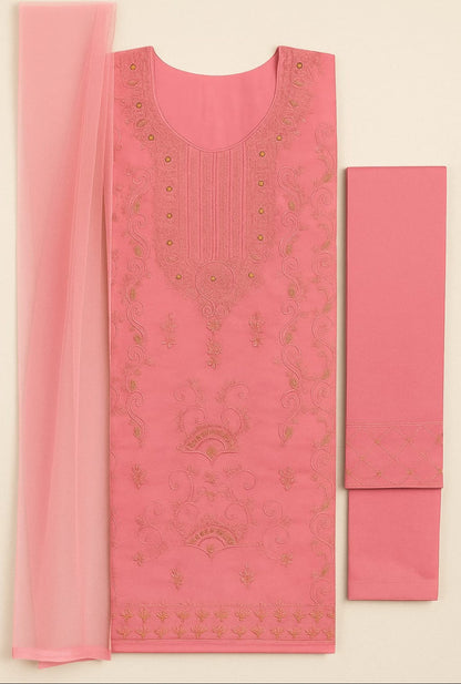 "3 Piece Embroidered Unstitched Cotton Suit for Women – Pakistani Summer Collection | Fancy & Casual Wear | Party & Daily Use | #CottonSuit #UnstitchedSuit #PakistaniFashion |