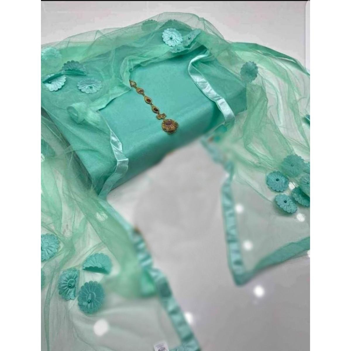 Rubika Fashion Most Hit Unstitched 3 Piece Collection Katan Silk Plain Shirt & Trouser With Net Dupatta For Women