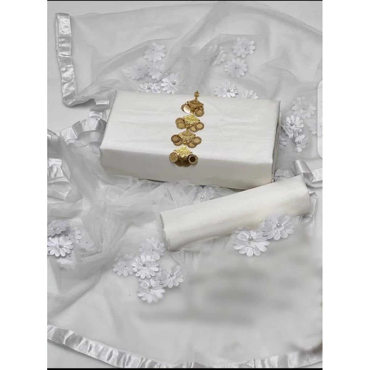 Rubika Fashion Most Hit Unstitched 3 Piece Collection Katan Silk Plain Shirt & Trouser With Net Dupatta For Women