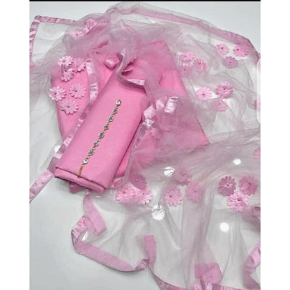 Rubika Fashion Most Hit Unstitched 3 Piece Collection Katan Silk Plain Shirt & Trouser With Net Dupatta For Women